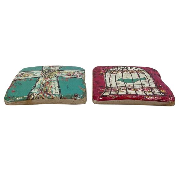 Handcrafted Coaster Set Whimsical 4"x4" Emily Little - Little e Studio W Holder - Picture 10 of 14